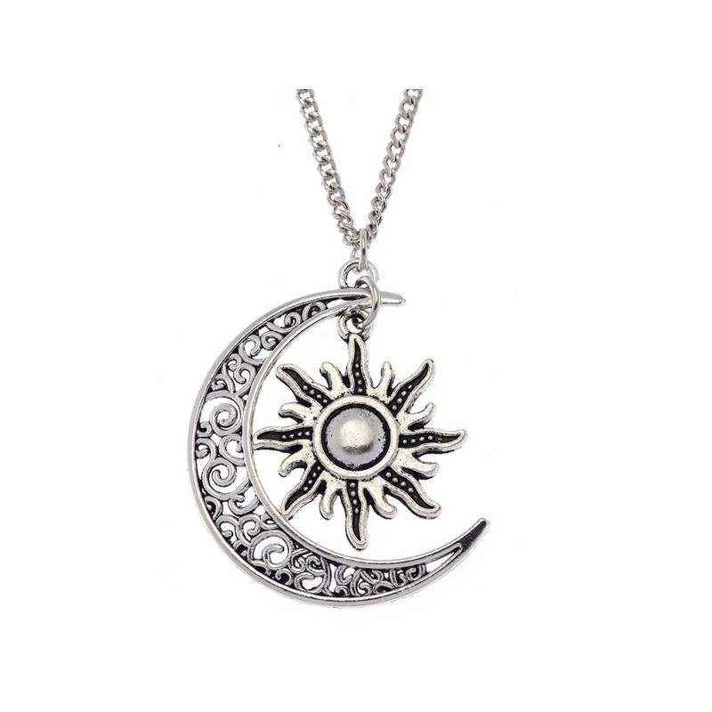 Halsband Sol Måne Boho Pagan Crescent Moon Silver