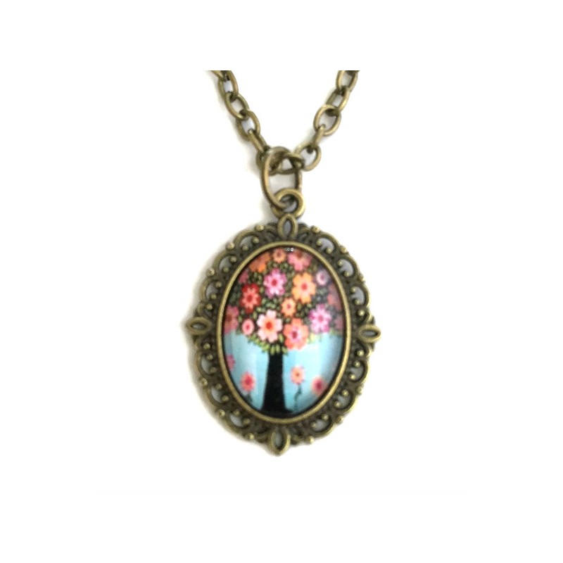 Halsband Livets Träd Tree Of Life Symbol - Rosa Blommor Brons