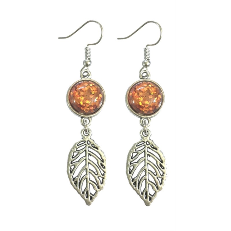 Örhängen Löv Leaf Blad Orange Glitter Boho Träd Rostfri Krok