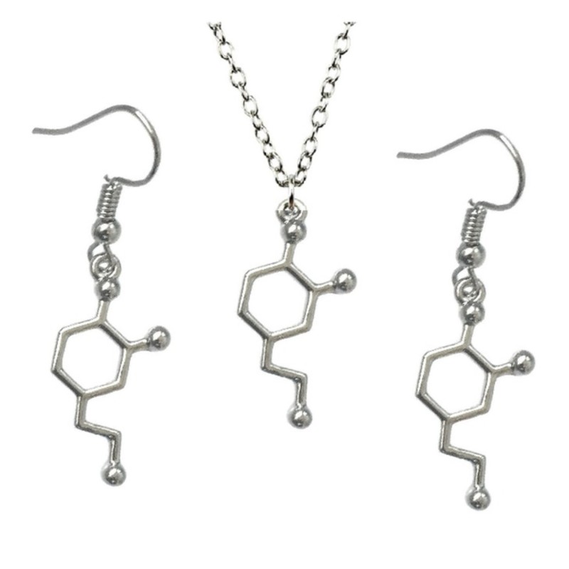 Set Örhängen Halsband Molekyl Dopamin Kemi 3-delat Rostfri Krok & Kedja