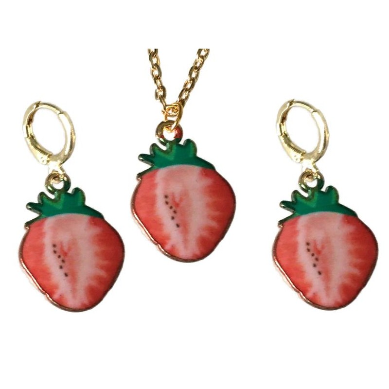 Örhängen Jordgubbe Halsband 3-delat Set Strawberries Frukt Bär