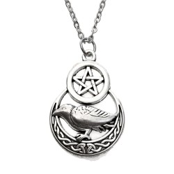 Halsband Pentagram Korp Raven Måne Moon Silverfärg Skull Wicca