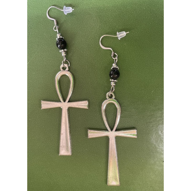 Örhängen Ankh Egyptisk Mytologi Silver Onyx Symbol Kors