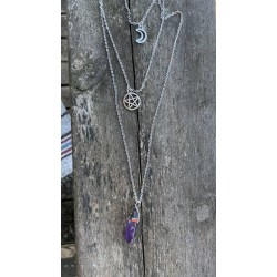 Halsband Ametist Pentagram Måne 3 i 1 Layered Wicca Rostfri 