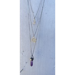 Halsband Ametist Pentagram Måne 3 i 1 Layered Wicca Rostfri 