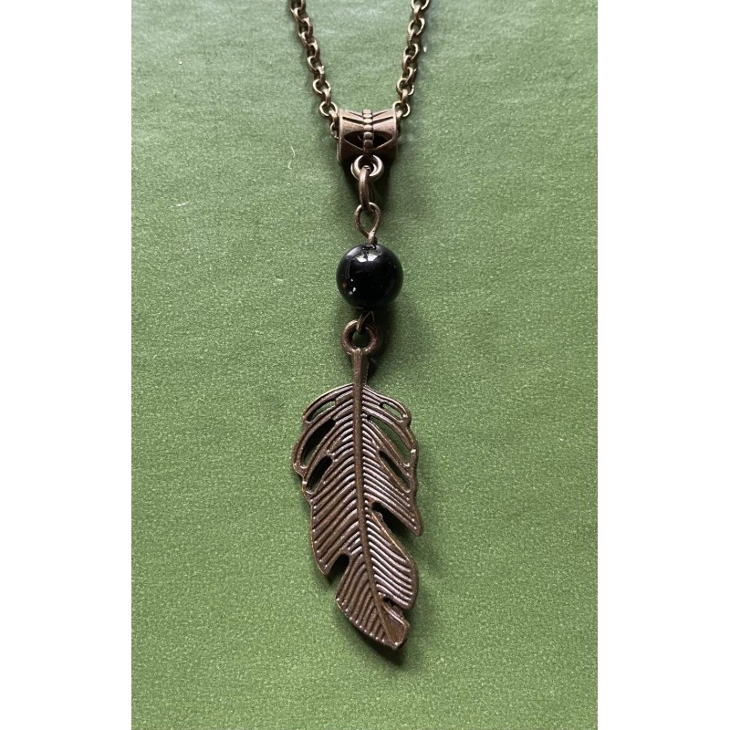 Halsband Fjäder ONYX Feather Boho New Age Healing Brons
