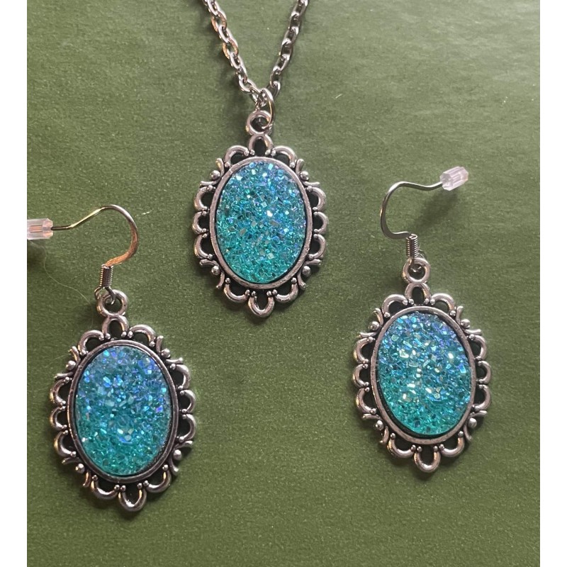 Halsband 3-delat Örhängen Glitter Turkos Drus Goth Rostfri kedja & krok