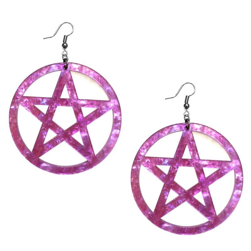 Örhängen Pentagram Galax Lila OVERSIZE Wicca Pagan Marmor Rostfri Krok